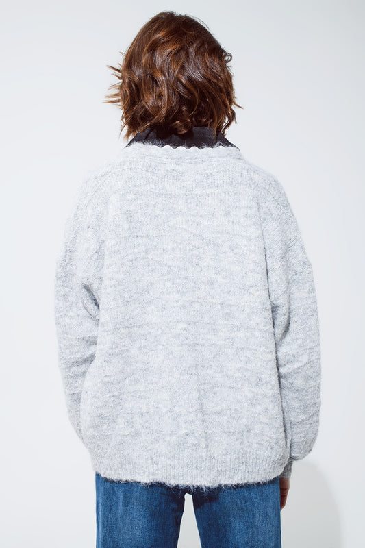 Grey cardigan with a deep V neck with lace detail - Cardigans