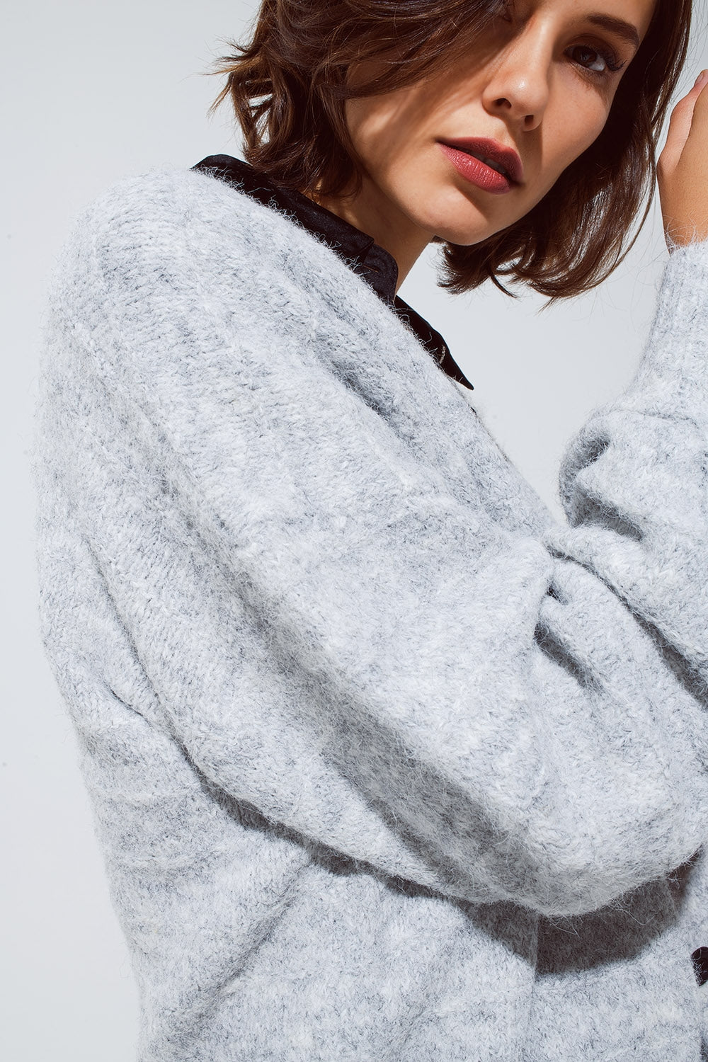 Grey cardigan with a deep V neck with lace detail - Cardigans