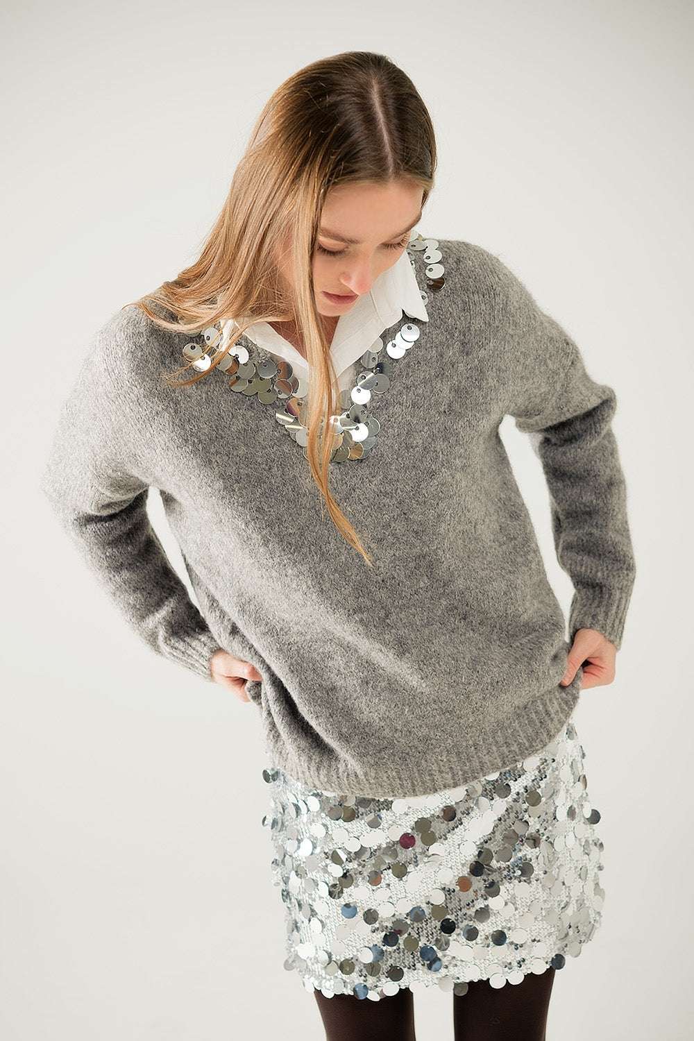Grey V-neck sweater with sequin detail - Sweaters