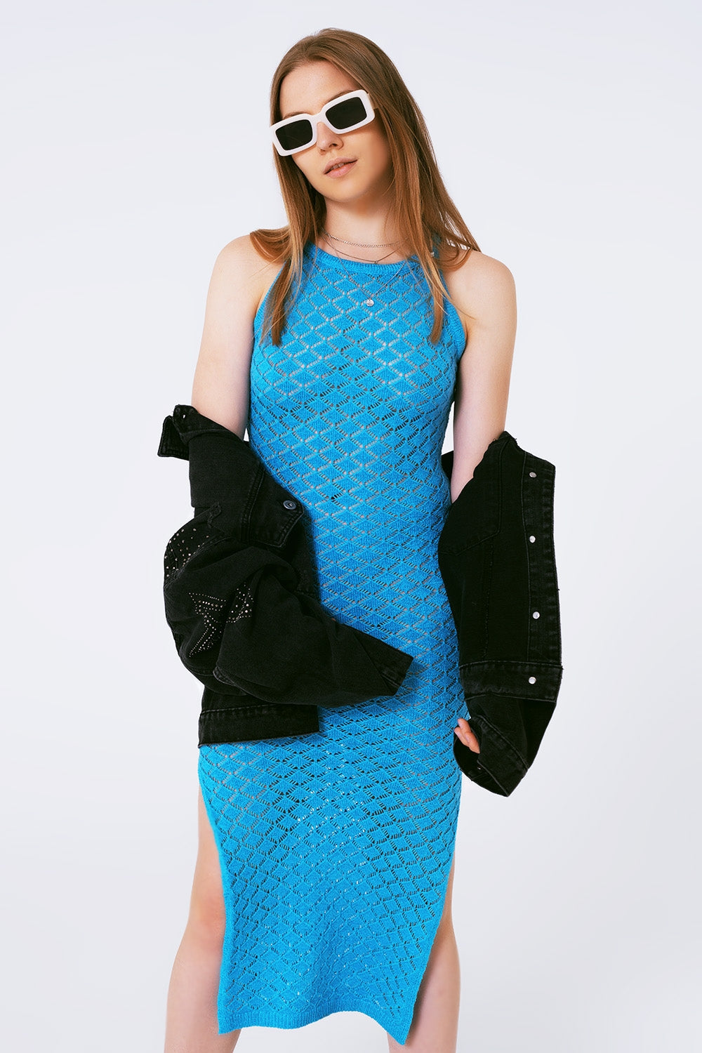 Halter Crochet Midi Dress in Blue - Dresses