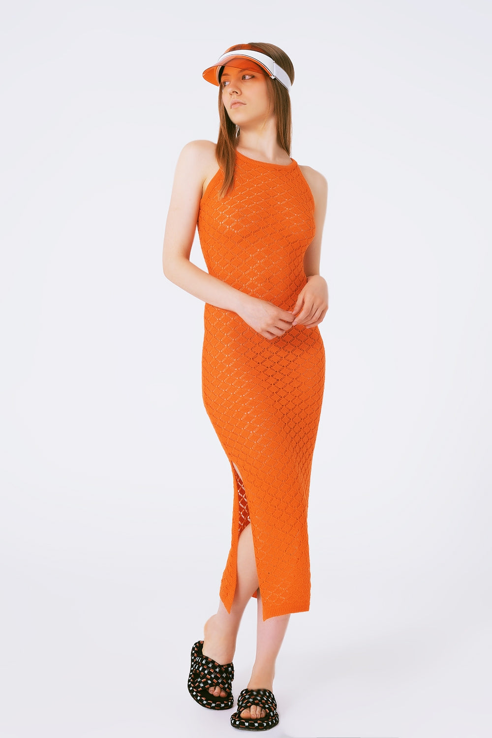 Halter Crochet Midi Dress in orange - Dresses