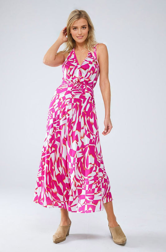 Halter Midi Dress with Cinched Waist In Abstract fuchsia and White Print - Dresses