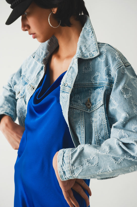 heart embellished oversized denim jacket in light wash - Jackets