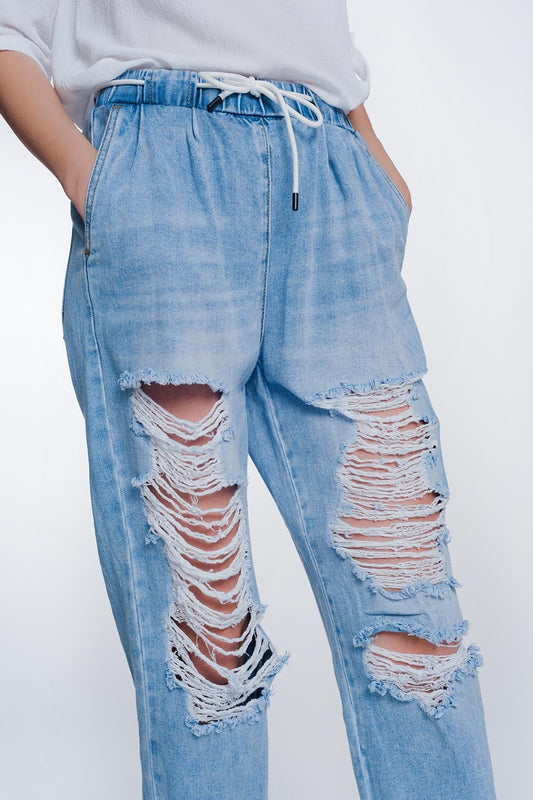 Heavily ripped boyfriend jeans in light denim - Jeans