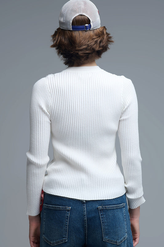 henley Long Sleeve Ribbed Sweater in White - Sweaters