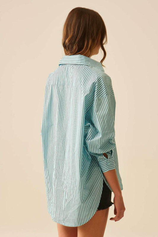 High-Low Oversized Striped Shirt With Chest Pocket in Black and Blue - Shirts