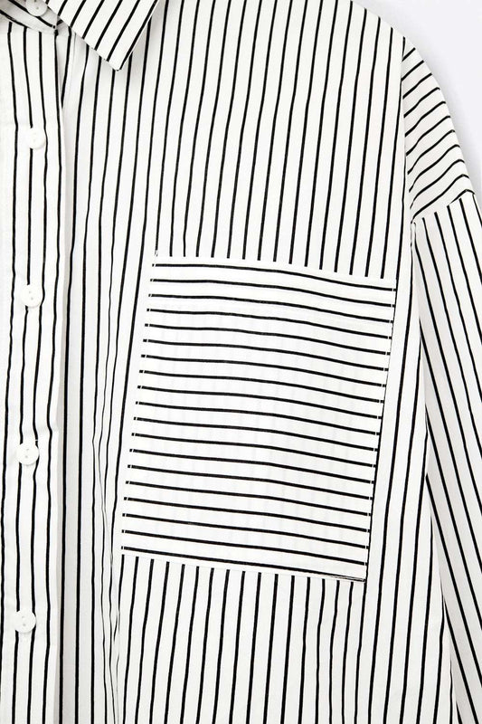 High-Low Oversized Striped Shirt With Chest Pocket in Black and White - Shirts