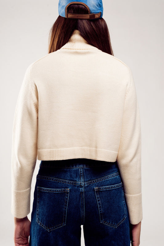 High neck cropped jumper in cream - Jumpers