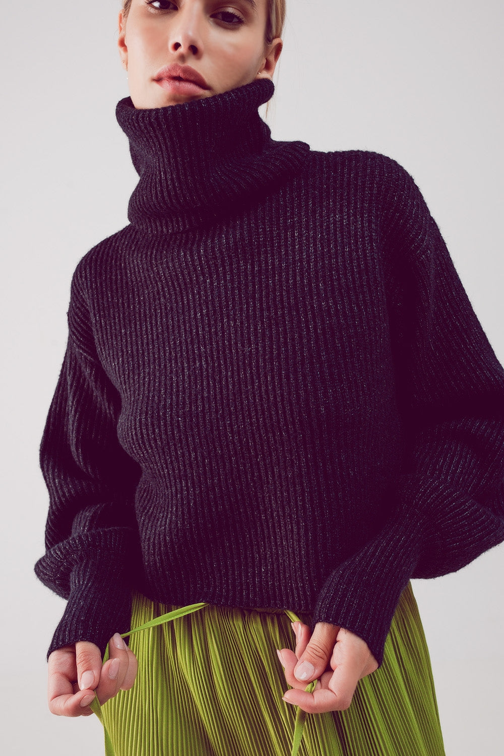 High neck jumper with balloon sleeve in black - Jumpers