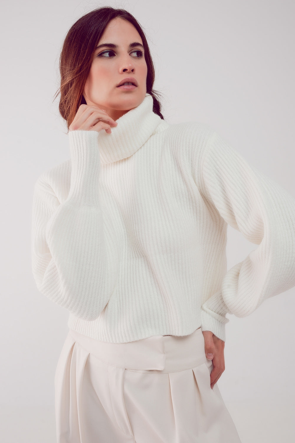 High neck jumper with balloon sleeve in cream - Jumpers