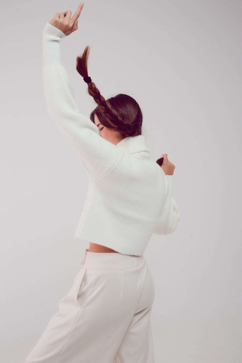 High neck jumper with balloon sleeve in cream - Jumpers