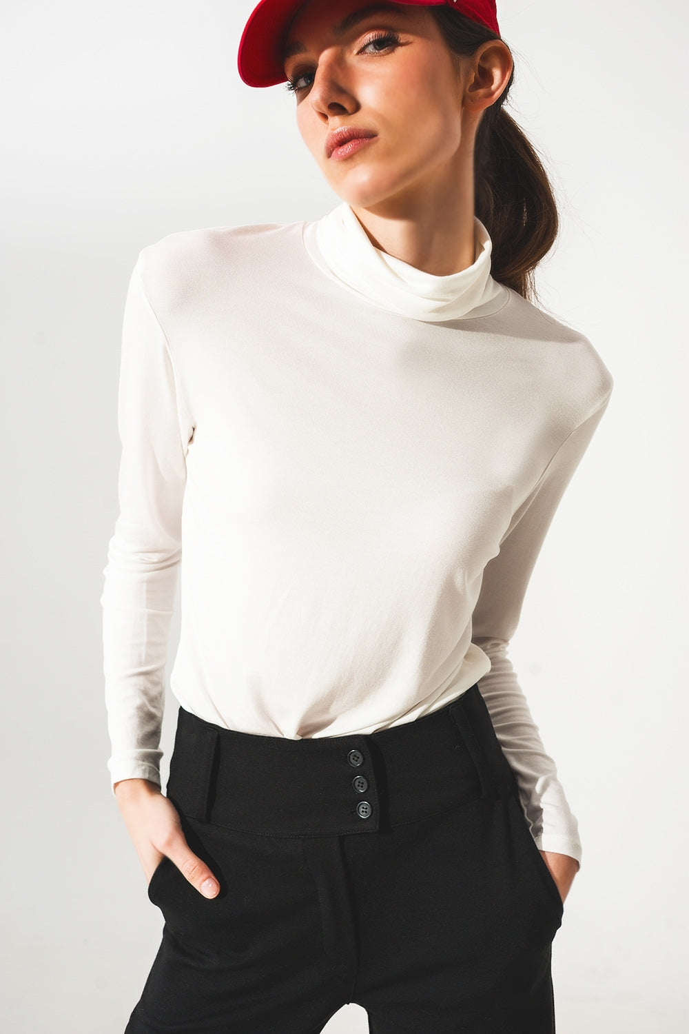 High neck long sleeve top in cream modal - Tops