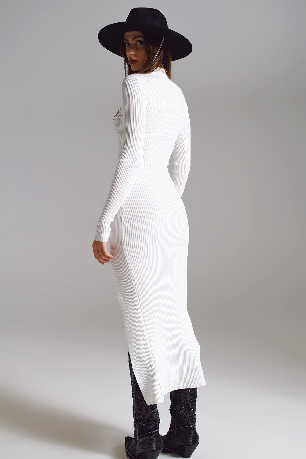 High Neck Maxi Knitted Dress In White - Dresses
