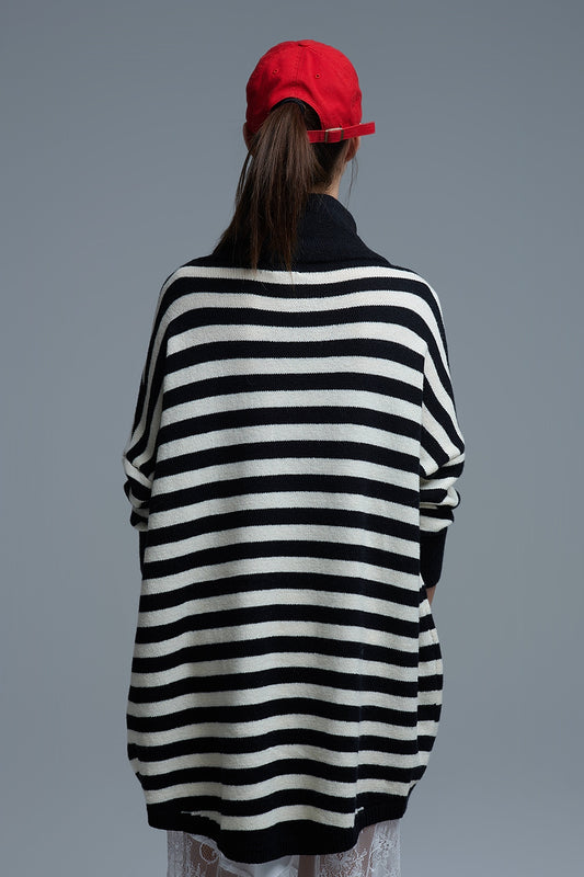 High Neck Oversized Sweater With Bat Wings and Stripes in black and white - Sweaters