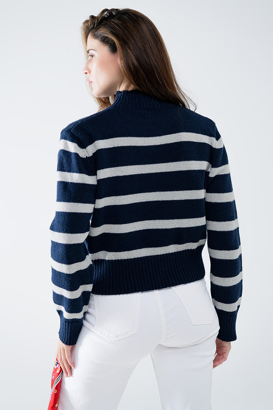 High Neck striped Sweater in navy and grey - Sweaters