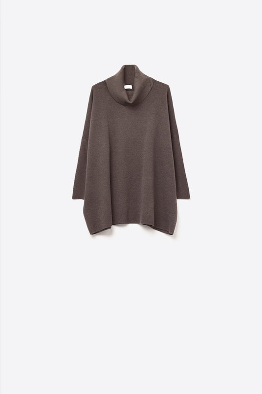 High Neck Tunic Sweater in brown with fitted sleeves - Sweaters