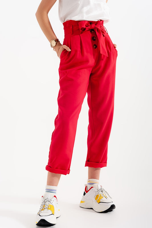 High waist belted paperbag trousers in red - Trousers