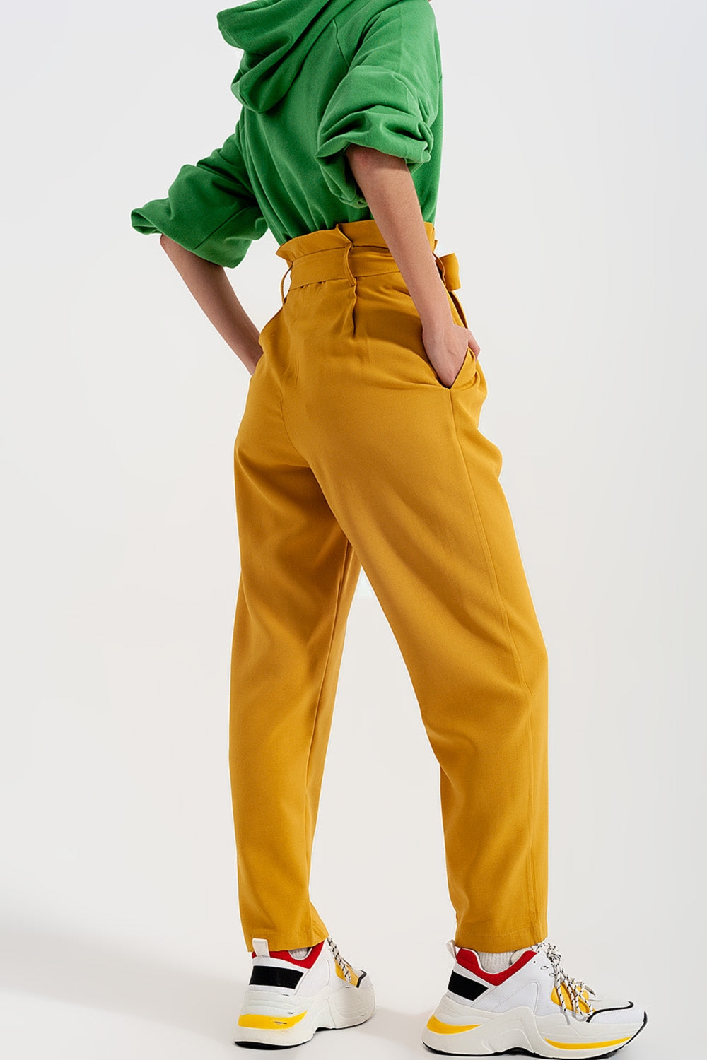 High waist belted paperbag trousers in yellow - Trousers