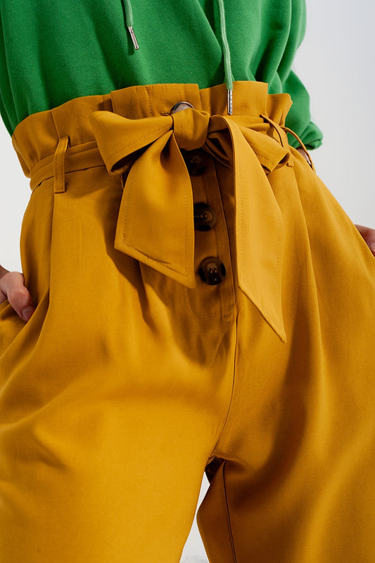 High waist belted paperbag trousers in yellow - Trousers