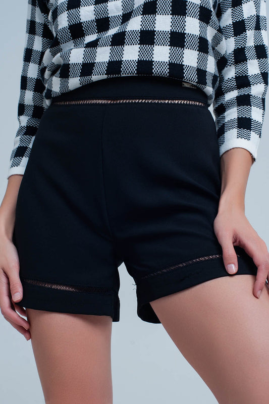 High waist black short with lace detail - Trousers