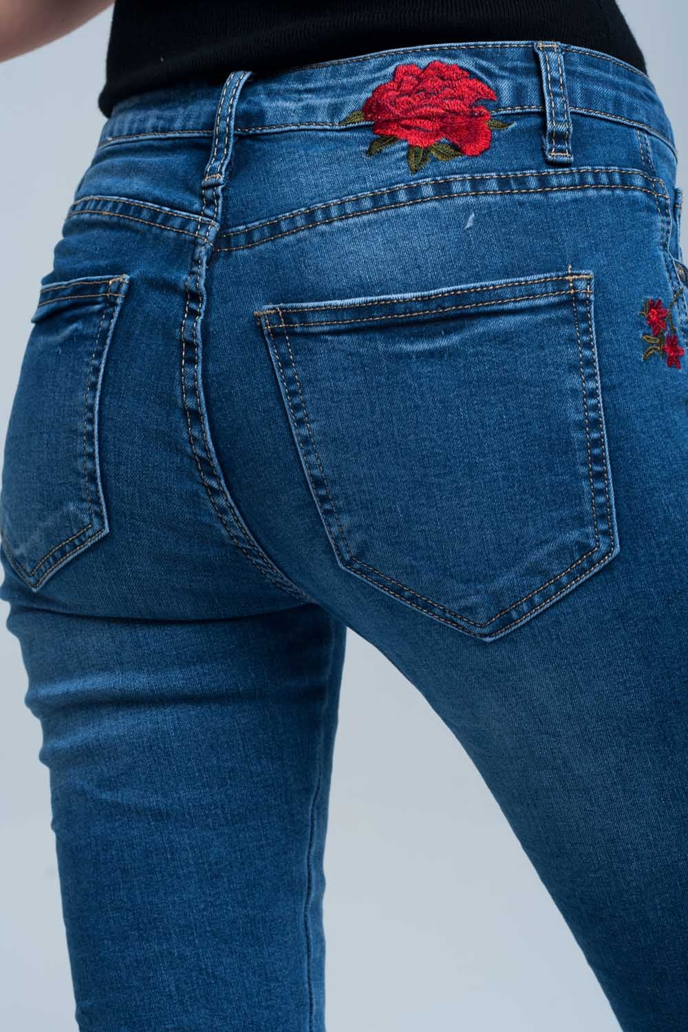 High Waisted Embroidered Skinny Jeans with Rose Detail - Jeans