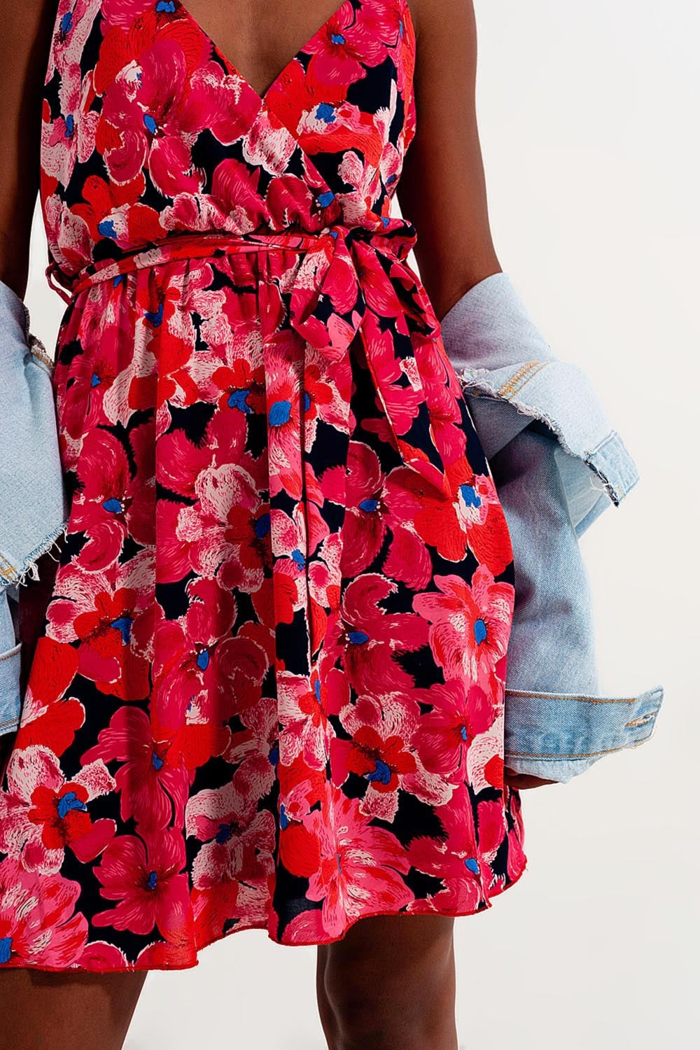 Hot pink short dress with flower print and straps - Dresses