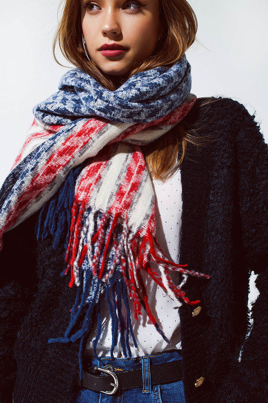Houndstooth style americana Scarf in White Red and Blue - Scarves