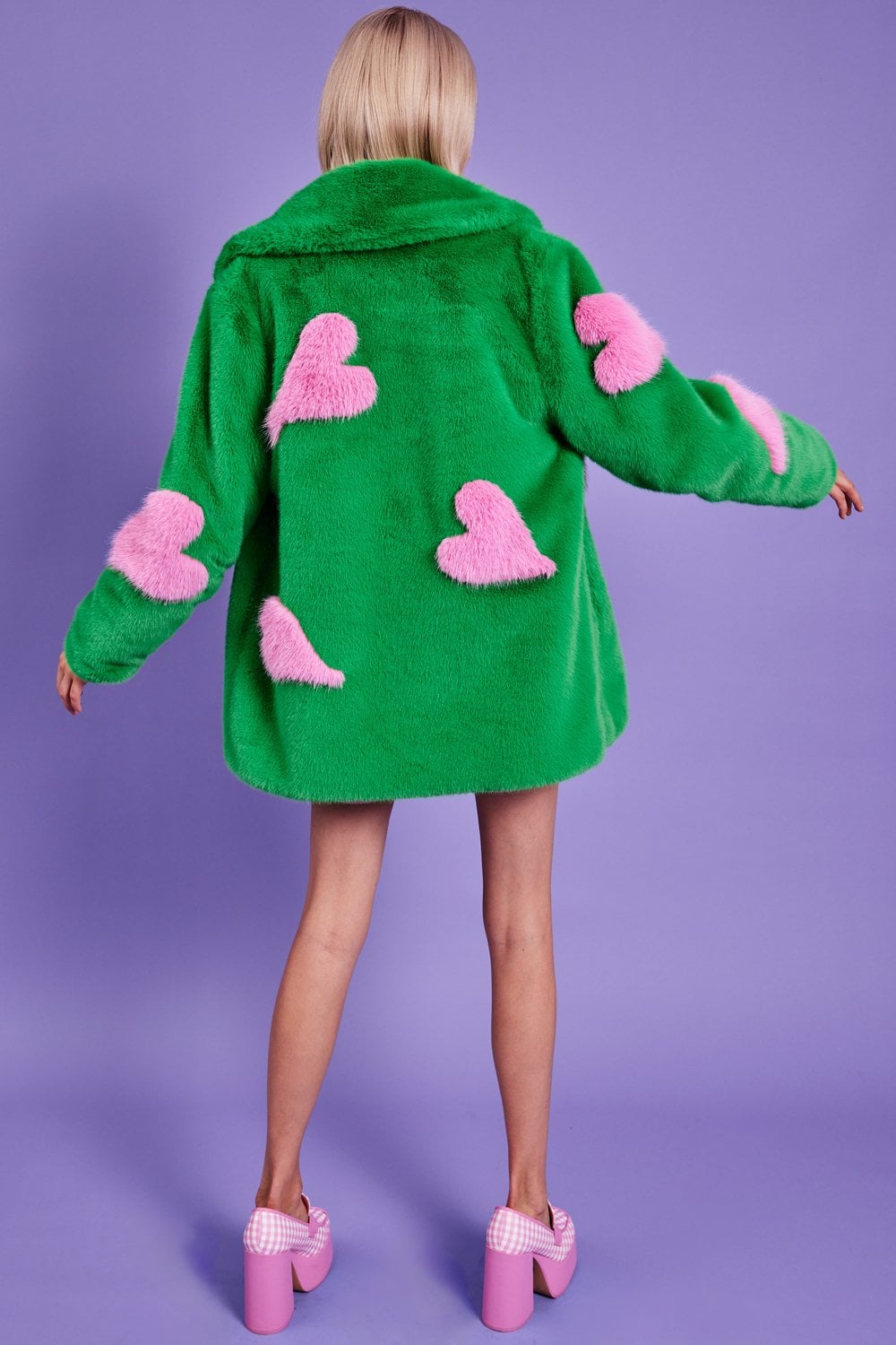Green Eco Bamboo Faux Fur Coat with Love Heart Detailing - Faux Fur Coats