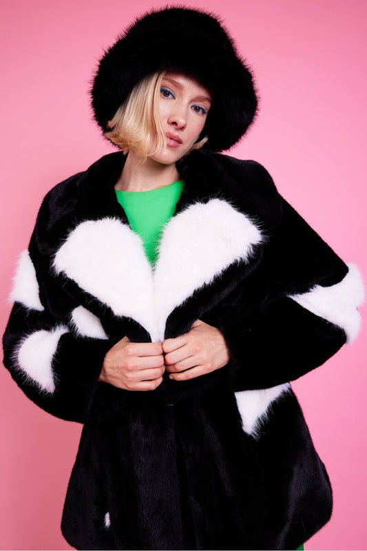 Black Eco Bamboo Faux Fur Coat with Love Heart Detailing Black Faux Fur - Faux Fur Coats