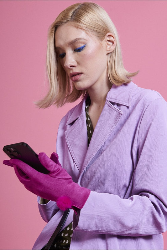 Pink Faux Suede Gloves With Faux Fur Pom - Gloves