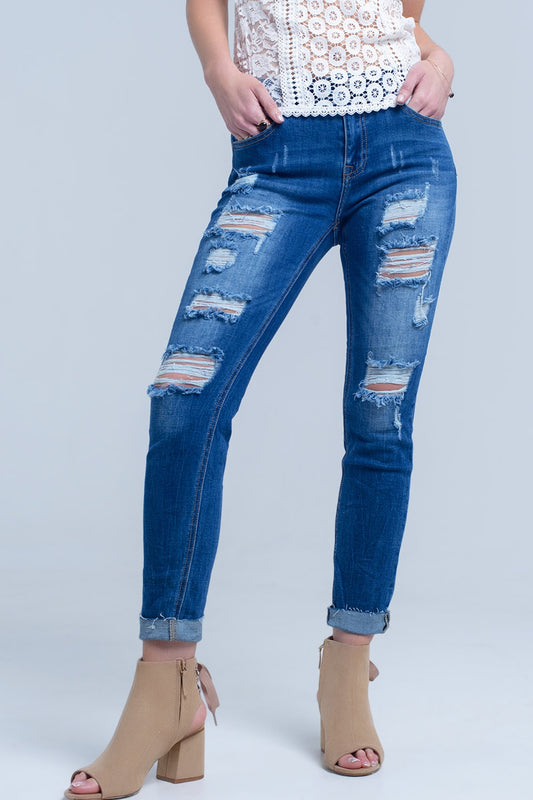 Jean with shredded rips and raw-cut cuffs - Jeans