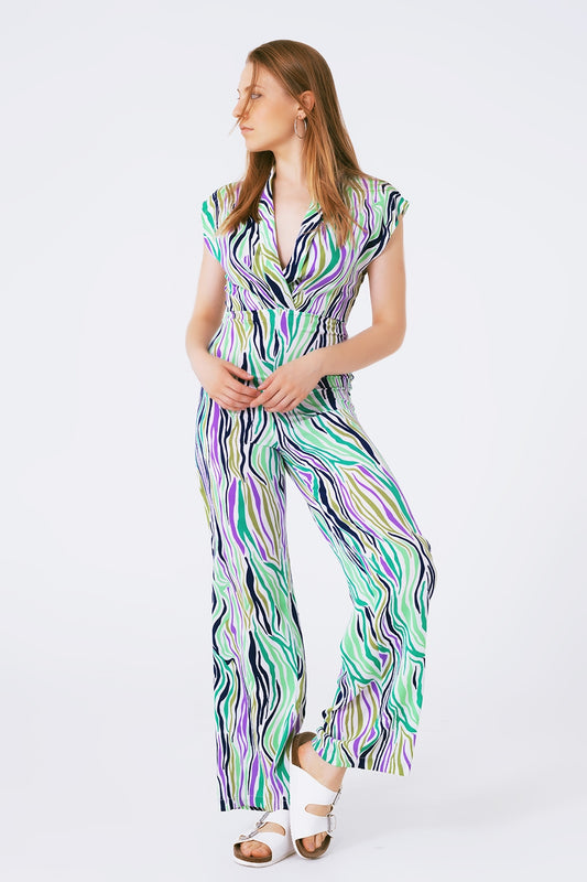 Jumpsuit With Smoking Collard in Multicolored Abstract Print - Dresses