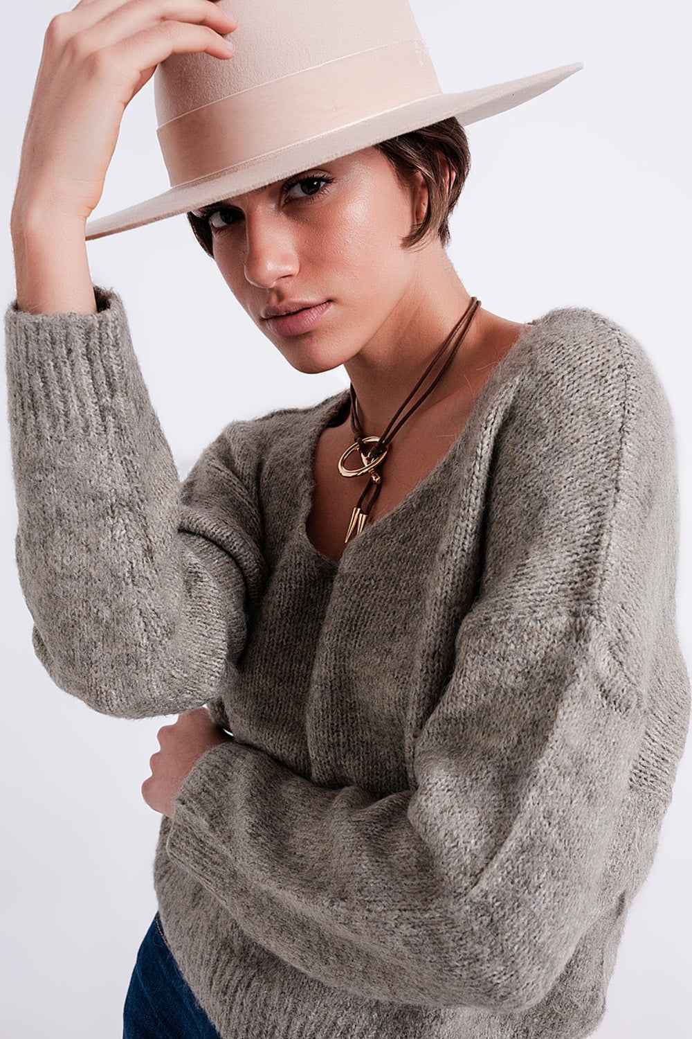 Khaki batwing fluffy sweater - Jumpers