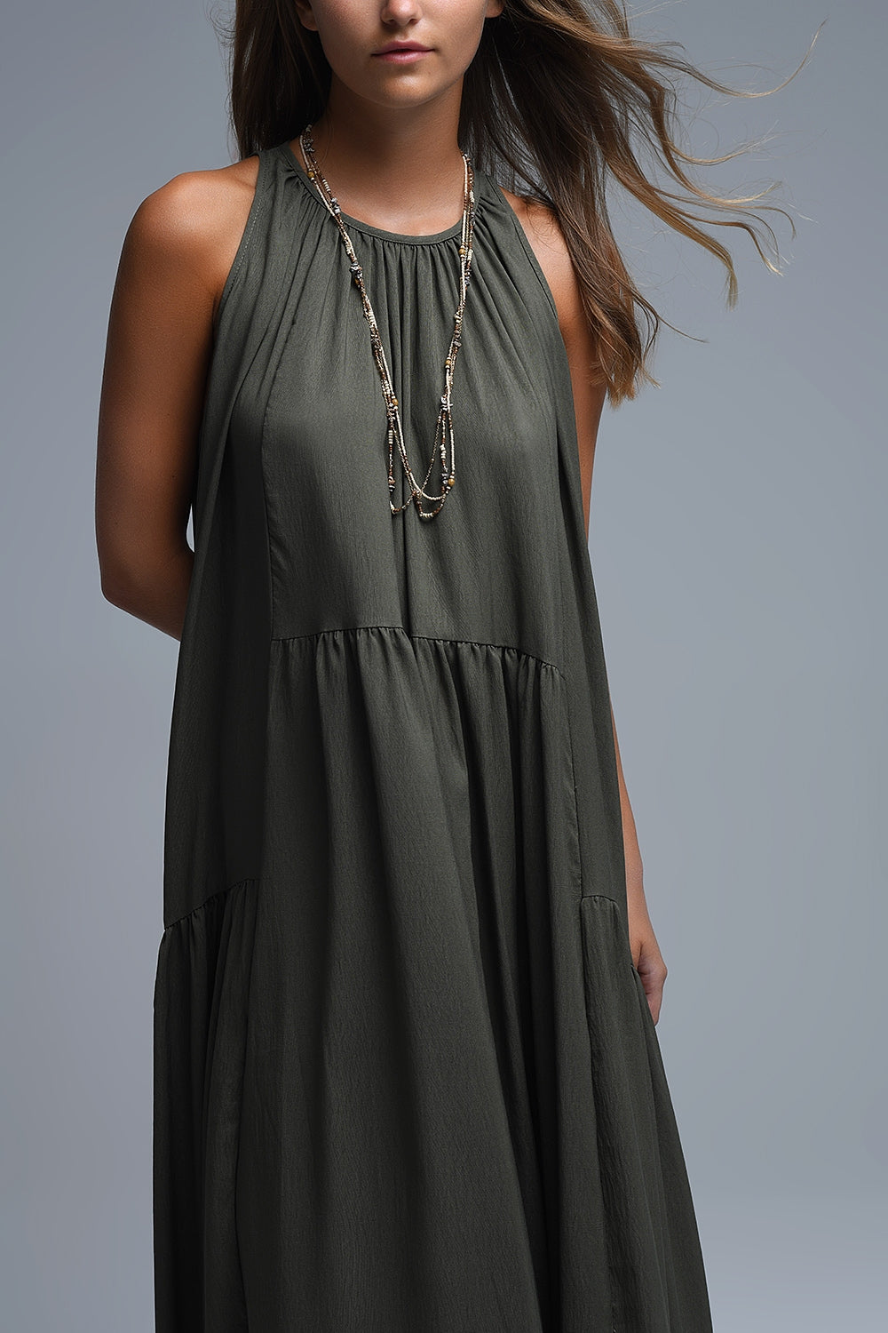 Khaki Halter Neck Maxi Dress With Seam Detailing - Dresses
