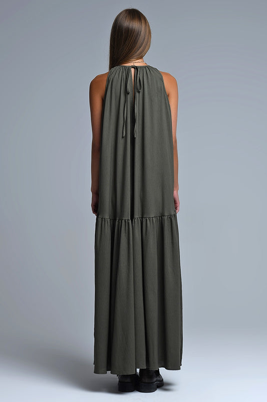 Khaki Halter Neck Maxi Dress With Seam Detailing - Dresses