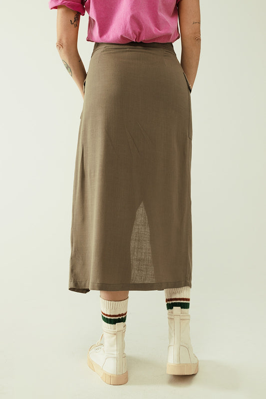Khaki mid-length skirt with one pocket and a lace detail - Skirts