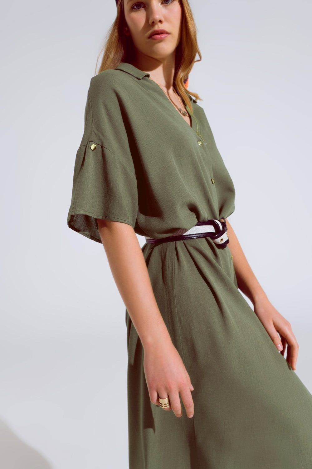 Khaki Midi Button Down Dress With Short Sleeves and Matching Belt - Dresses
