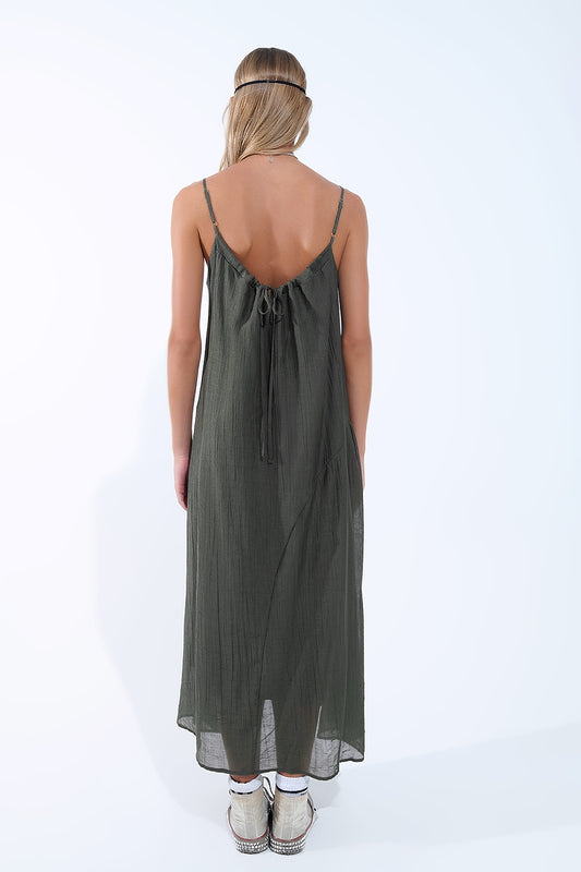 Khaki Midi Dress with Thin Straps and Crinkled Detail - Dresses