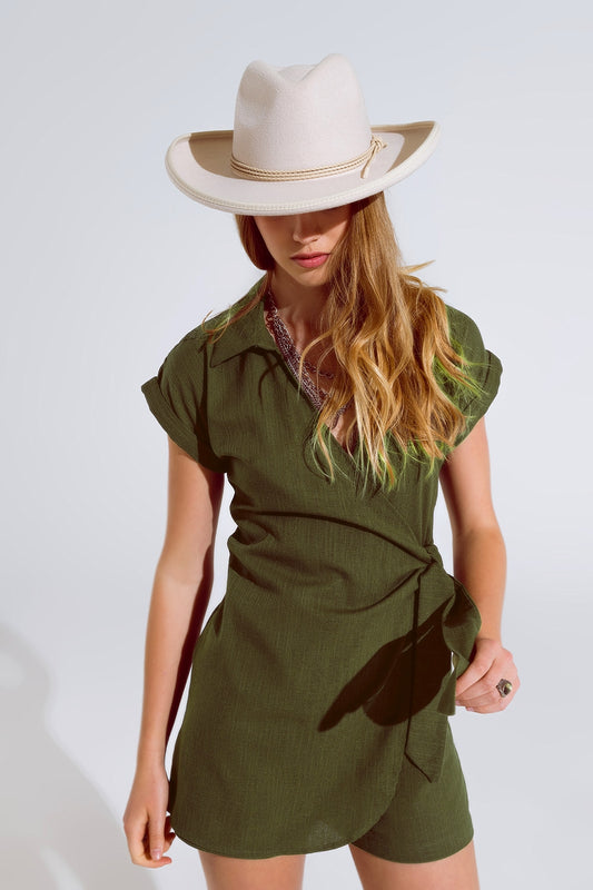 Khaki playsuit With Tie Closing At The Side - Dresses