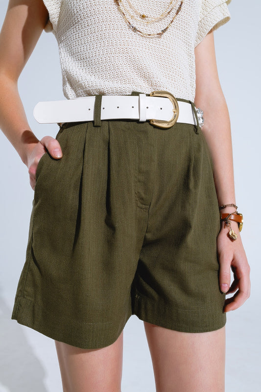 Khaki Shorts With Pockets And Elastic Waist - Trousers