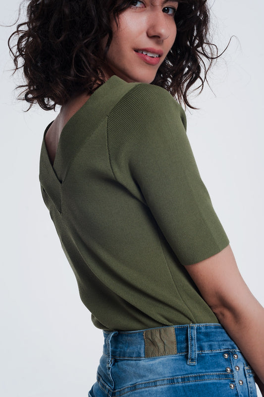 khaki sweater with v neck and short sleeves - T-shirts