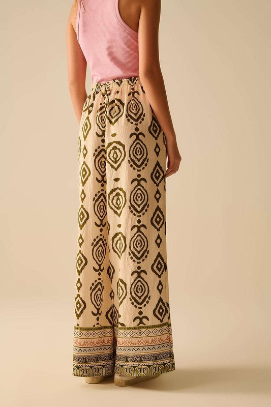 Khaki wide leg boho print pants - Trousers