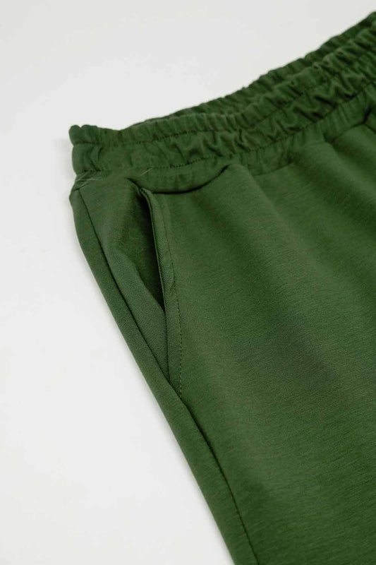 Khaki wide leg pants with elastic waistband inside - Trousers