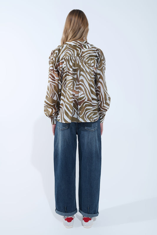 khaki zebra print flowy chiffon blouse - Shirts