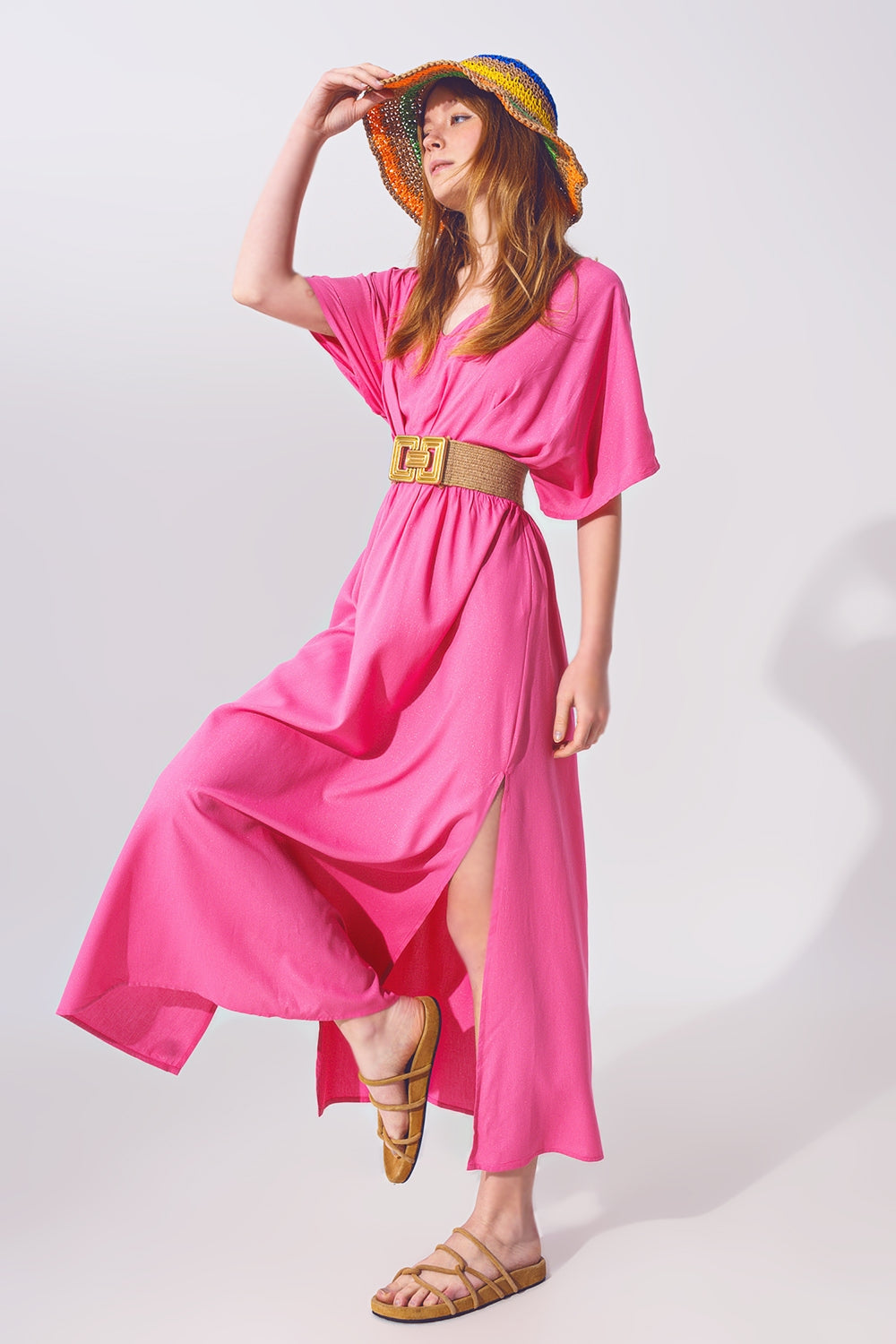 Kimono Sleeve Maxi Dress in Pink - Dresses