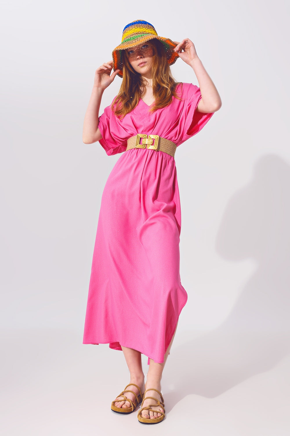 Kimono Sleeve Maxi Dress in Pink - Dresses