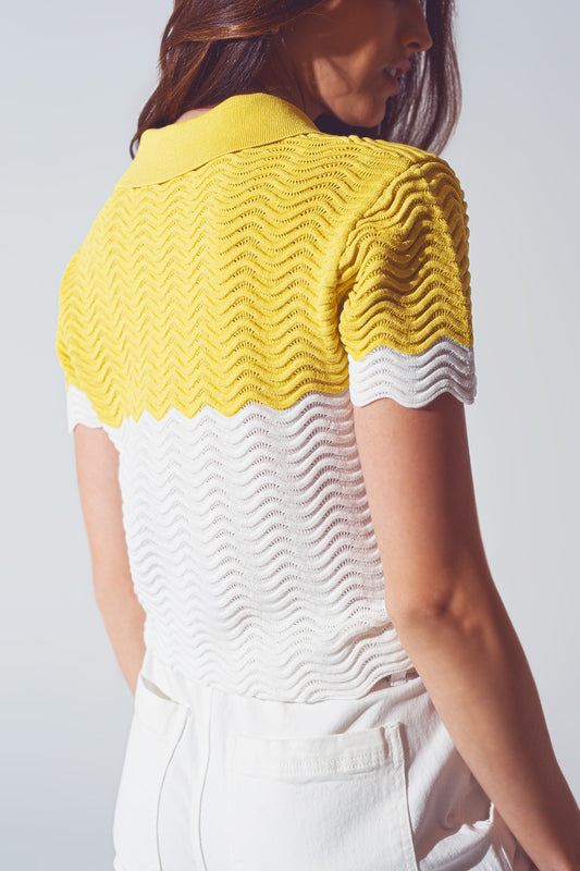 Knitted Colour Block Cropped Polo in White and Yellow - Polos