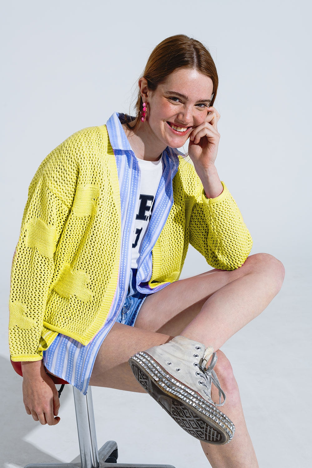 Knitted Crochet Cardigan With Knitted Clouds In yellow - Cardigans
