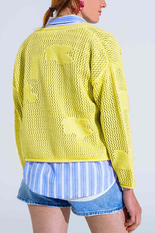 Knitted Crochet Cardigan With Knitted Clouds In yellow - Cardigans