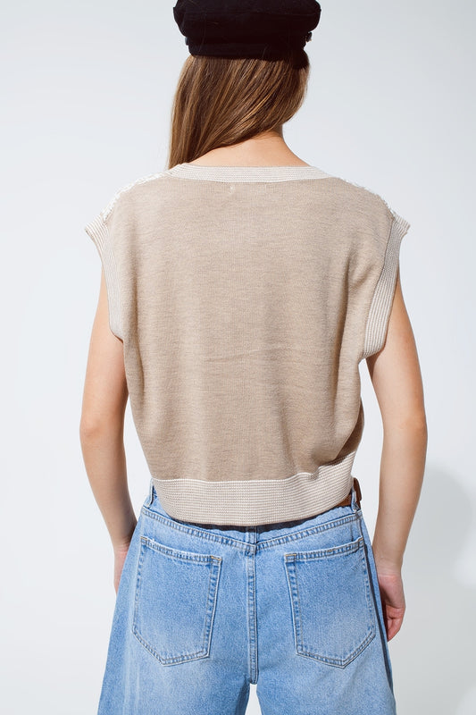 Knitted Cropped Vest With Rib Trim in Beige - Jumpers